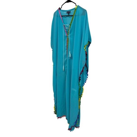 Fig & Vine XL Pom-Pom Trim Sheer Kaftan Teal Multicolor Satin Tie Cover-Up - Picture 3 of 11